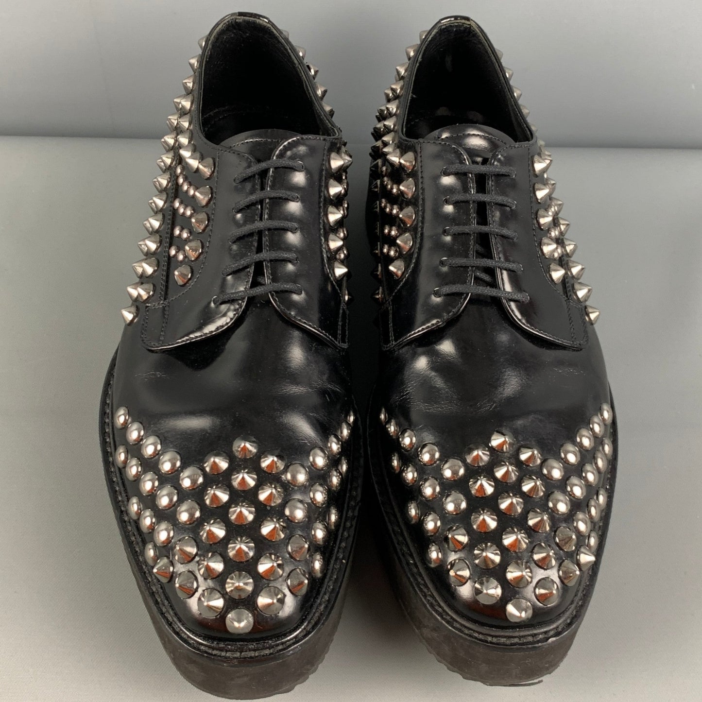 PRADA Size 9 Black Silver Studded Leather Platform Lace-Up Shoes