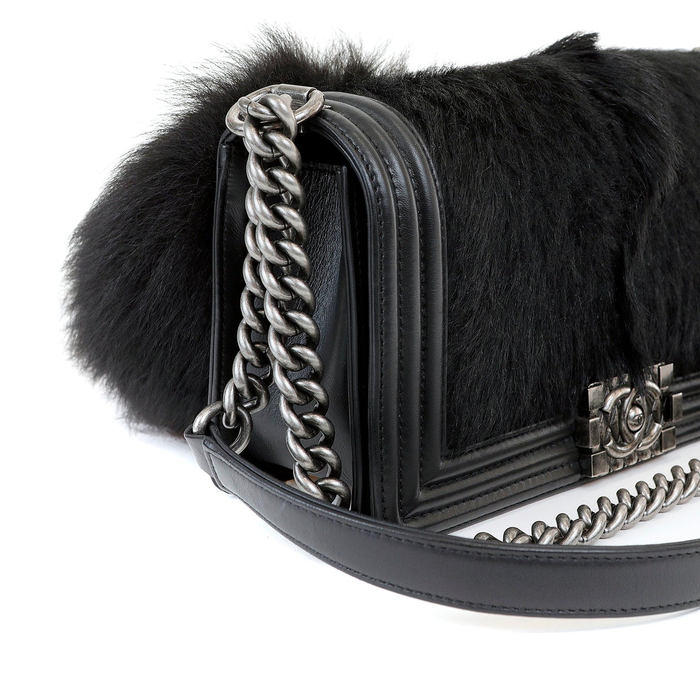 Chanel Black Fox Fur Boy Bag with Tail & Ruthenium Hardware