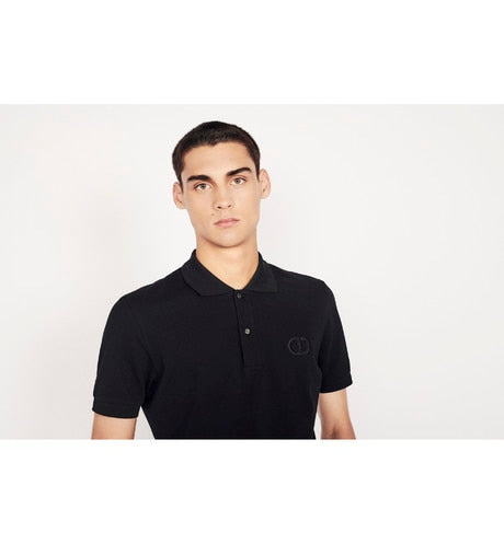 Polo Shirt with 'CD Icon' Signature • Black Cotton Piqué