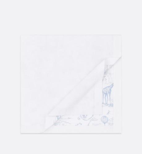 Blanket • White Cotton Knit Blanket with Pale Blue Toile de Jouy Print
