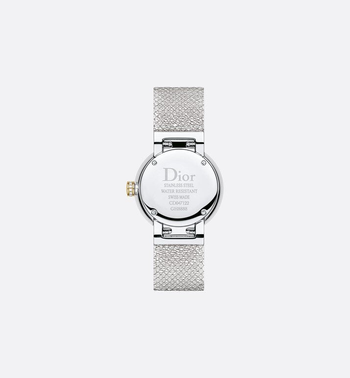 La D de Dior Satine • Ø 25 mm, Steel, Yellow Gold, Malachite and Diamonds
