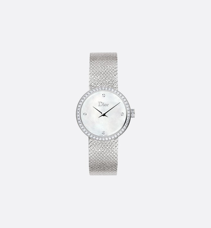 La D de Dior Satine • Ø 25 mm, Steel, White Mother-Of-Pearl and Diamonds