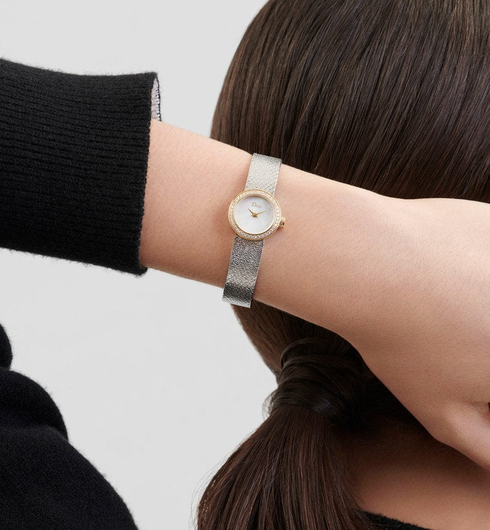La Mini D de Dior Satine • Ø 19 mm, Steel, Yellow Gold, White Mother-Of-Pearl and Diamonds