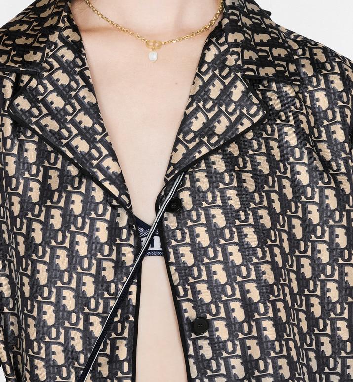 Short-Sleeved Pajama Jacket • Navy Blue and White Silk Twill with Dior Oblique Motif