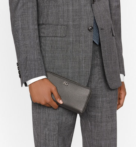 Zipped Long Wallet • Black Grained Calfskin with 'CD Icon' Signature