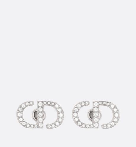Petit CD Stud Earrings • Palladium-Finish Metal and White Crystals