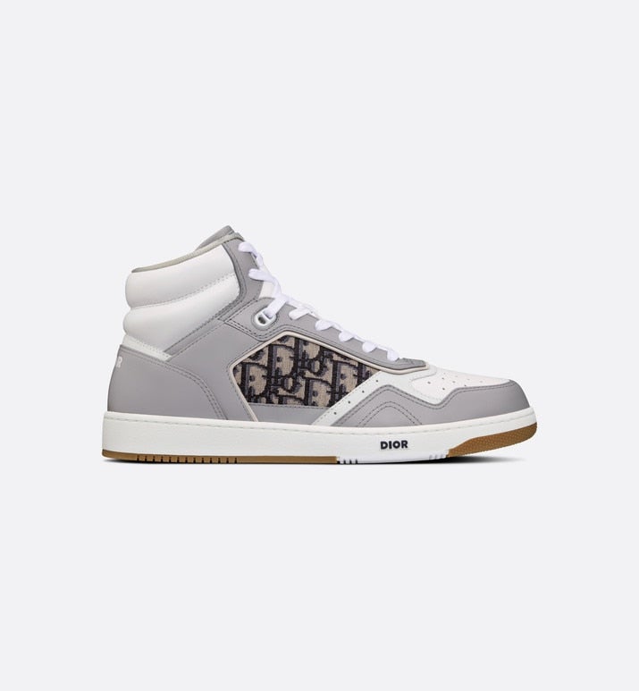 B27 High-Top Sneaker • Gray and White Smooth Calfskin with Beige and Black Dior Oblique Jacquard