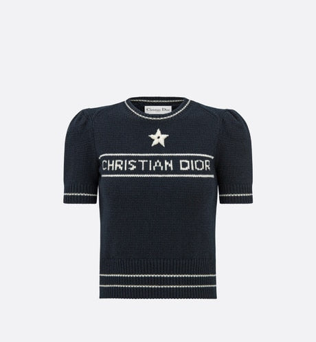 'CHRISTIAN DIOR' Short-Sleeved Sweater • Navy Blue Cashmere and Wool Knit