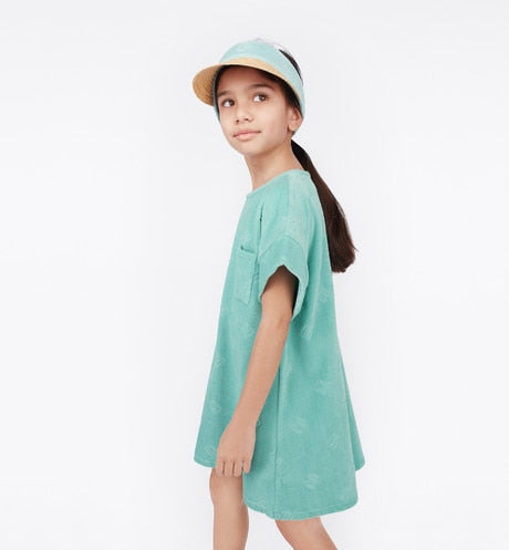 Kid's A-Line Dress • Turquoise Velvet Jersey Jacquard with 'CD' Motif