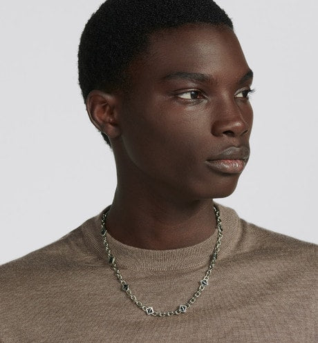 CD Diamond Thin Chain Link Necklace • Silver-Finish Brass and Black Resin