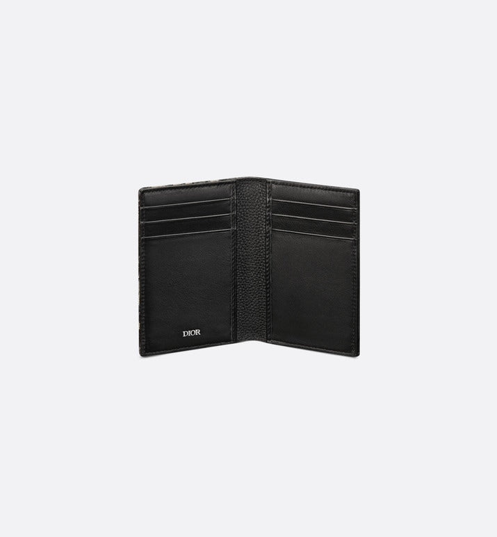Saddle Bi-Fold Card Holder • Black Grained Calfskin Leather Marquetry with Beige and Black Dior Oblique Jacquard
