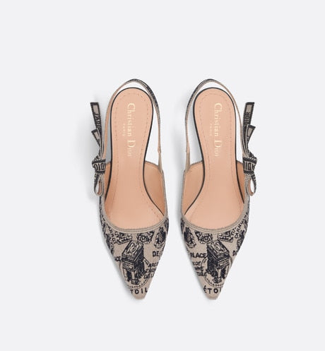J'Adior Slingback Pump • Beige and Black Cotton Embroidered with Plan de Paris Motif