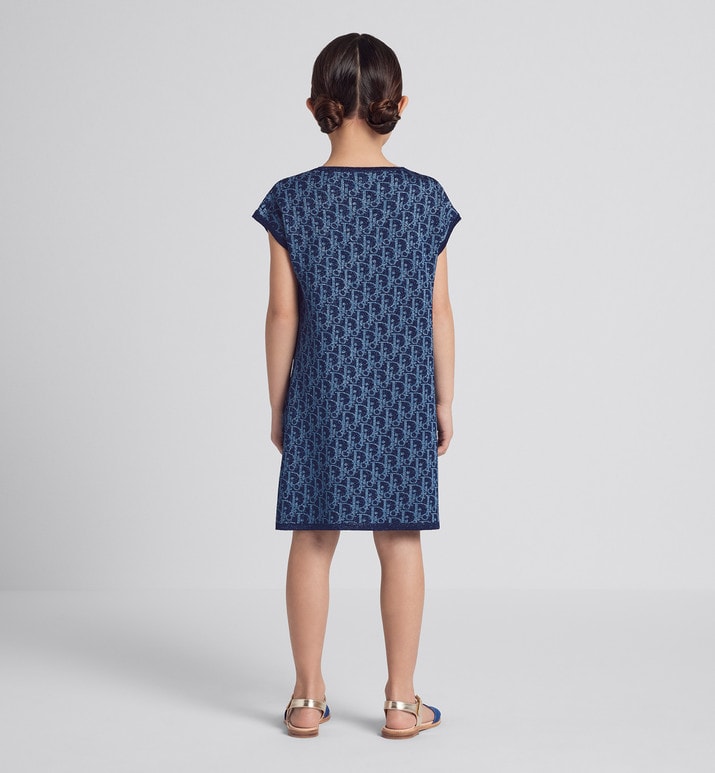 Kid's A-Line Dress • Light Blue and Blue Dior Oblique Jacquard Knit Blend with Metallic Thread