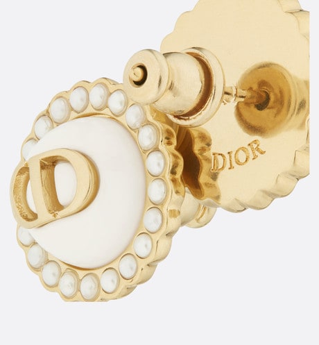 Petit CD Stud Earrings • Gold-Finish Metal with White Resin Pearls and Latte Glass