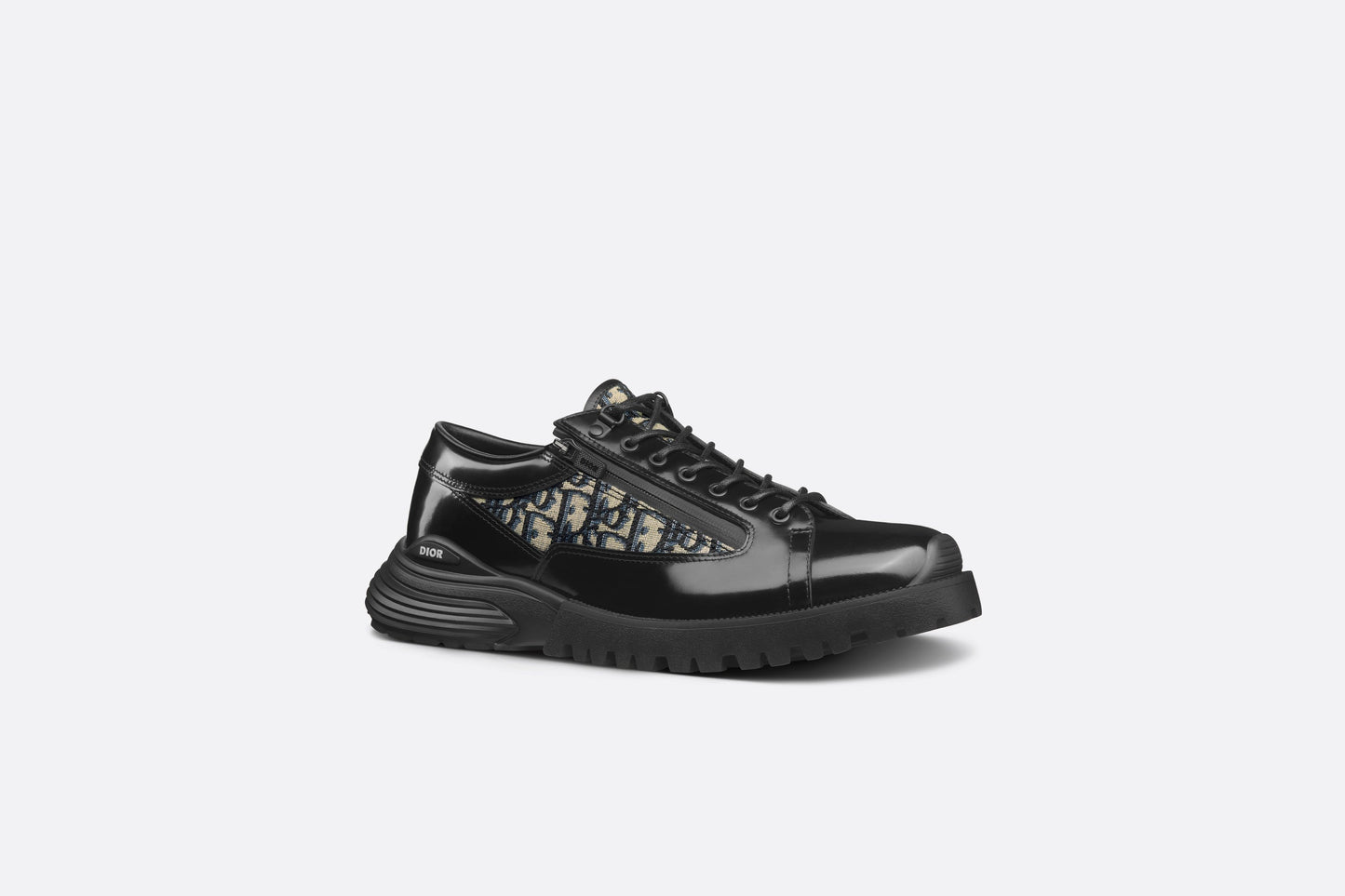 Dior Combat Derby Shoe • Black Polished Calfskin with Beige and Black Dior Oblique Jacquard