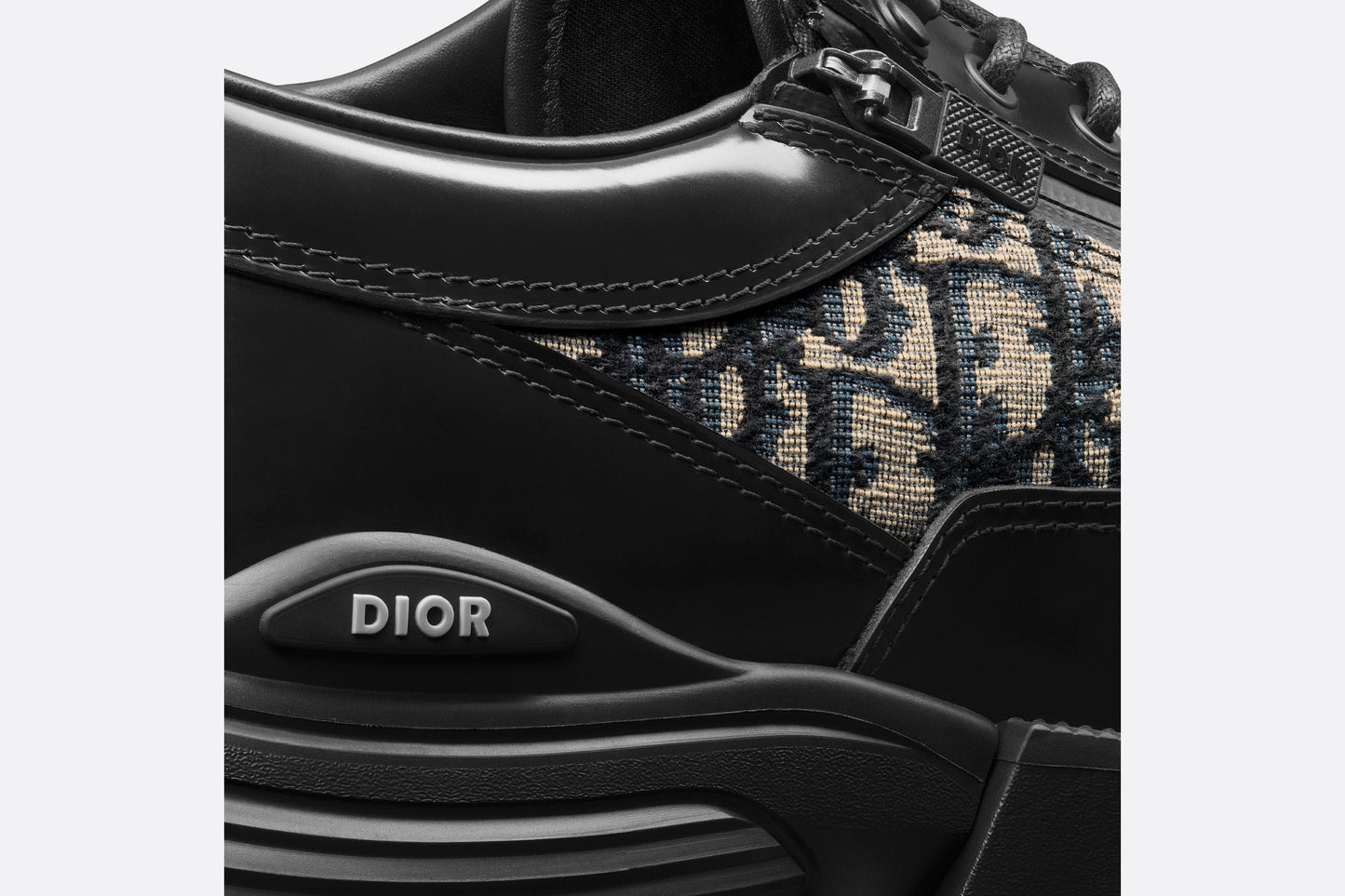 Dior Combat Derby Shoe • Black Polished Calfskin with Beige and Black Dior Oblique Jacquard