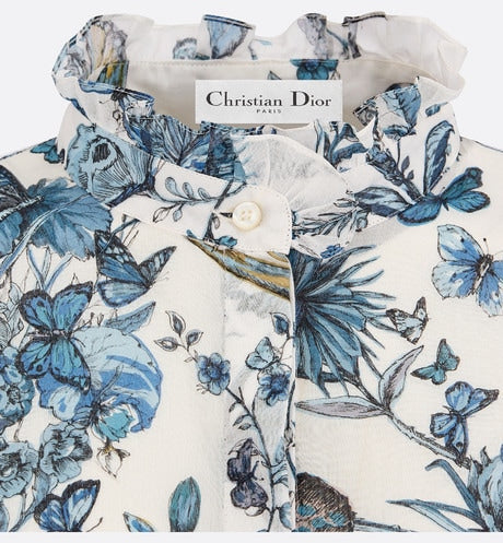 Mid-Length Shirt Dress • White and Pastel Midnight Blue Cotton Voile with Toile de Jouy Mexico Motif