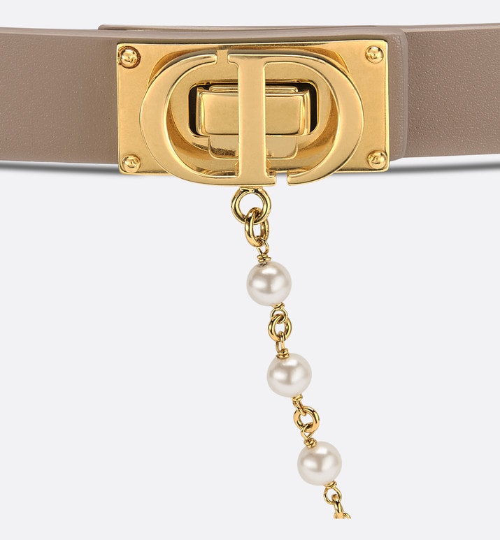 Dior Caro Belt • Warm Taupe Smooth Calfskin and White Glass Pearls, 20 MM