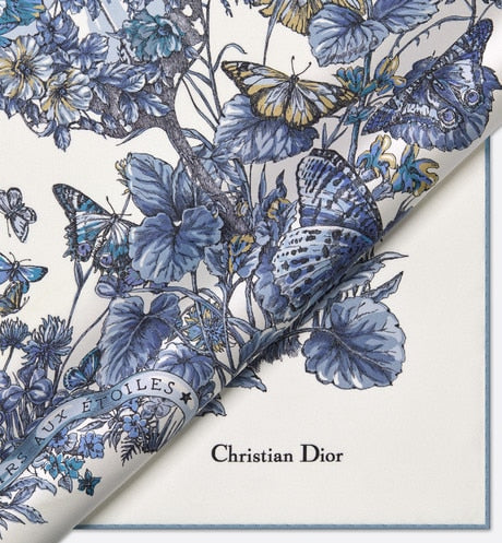 Butterfly Around the World 90 Square Scarf • White and Pastel Midnight Blue Silk Twill