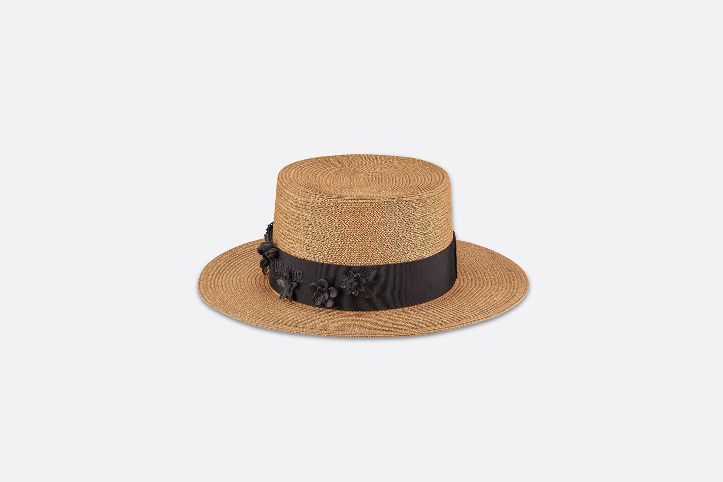 Diorodeo Small Brim Hat • Natural Straw and Black Smooth Calfskin with Three-Dimensional Flowers