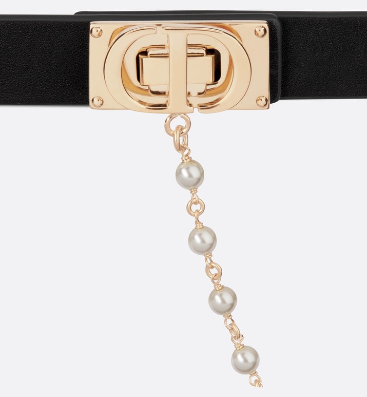 Dior Caro Belt • Black Smooth Calfskin and White Glass Pearls, 20 MM