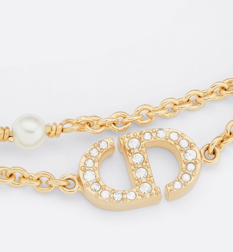 Petit CD Bracelet • Gold-Finish Metal with White Resin Pearls and Silver-Tone Crystals