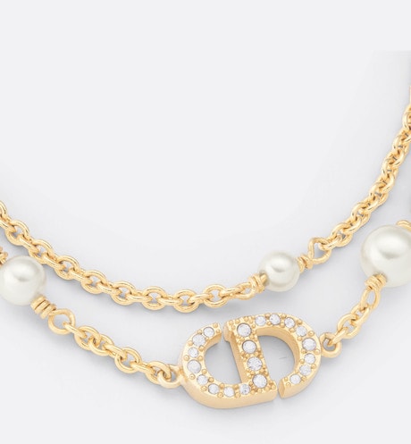 Petit CD Necklace • Gold-Finish Metal with White Resin Pearls and Silver-Tone Crystals