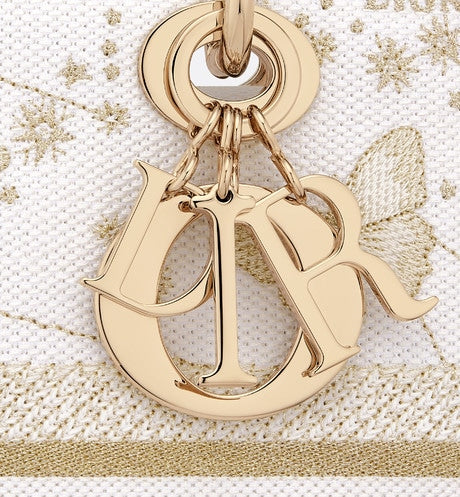 Medium Lady D-Lite Bag • Gold-Tone and White Butterfly Zodiac Embroidery