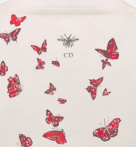 T-Shirt • White Cotton Jersey with Red Le Cœur des Papillons Motif