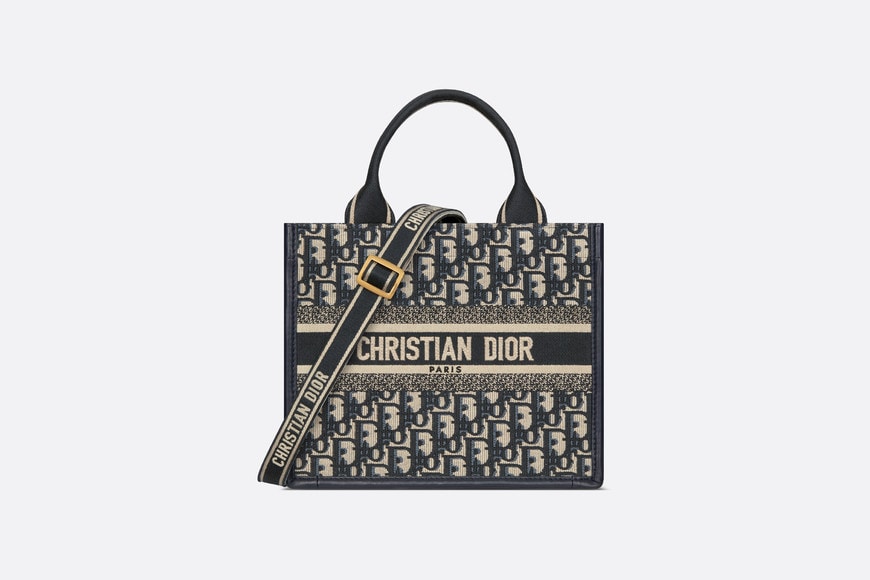Small Dior Book Tote • Blue Dior Oblique Embroidery and Calfskin (26.5 x 21 x 14 cm)