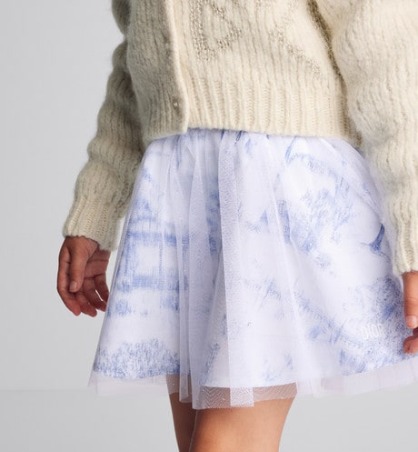 Kid's Short Flared Skirt • Ivory Technical Fabric with Blue Toile de Jouy Paris Print and Ivory Tulle