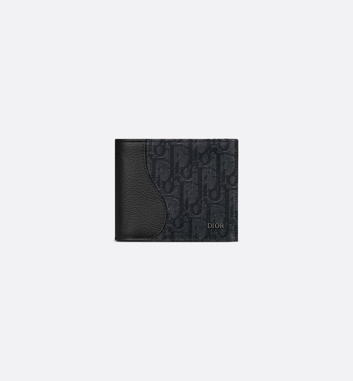 Saddle Compact Wallet • Black Grained Calfskin Leather Marquetry and Dior Oblique Jacquard