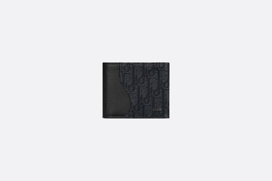 Saddle Compact Wallet • Black Grained Calfskin Leather Marquetry and Dior Oblique Jacquard