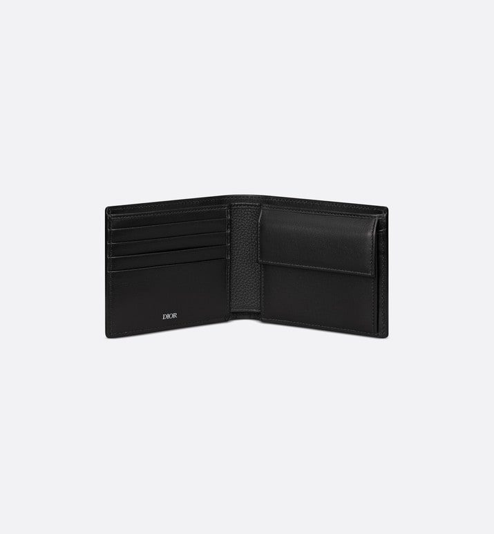 Saddle Compact Wallet • Black Grained Calfskin Leather Marquetry and Dior Oblique Jacquard