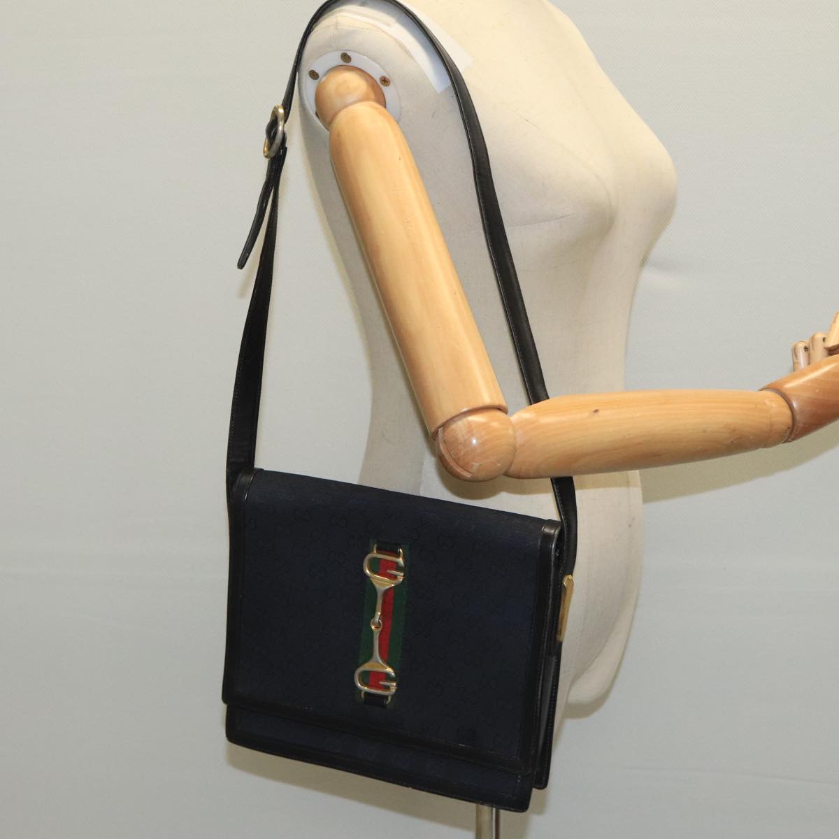 Gucci Horsebit Black Canvas Shoulder Bag ()