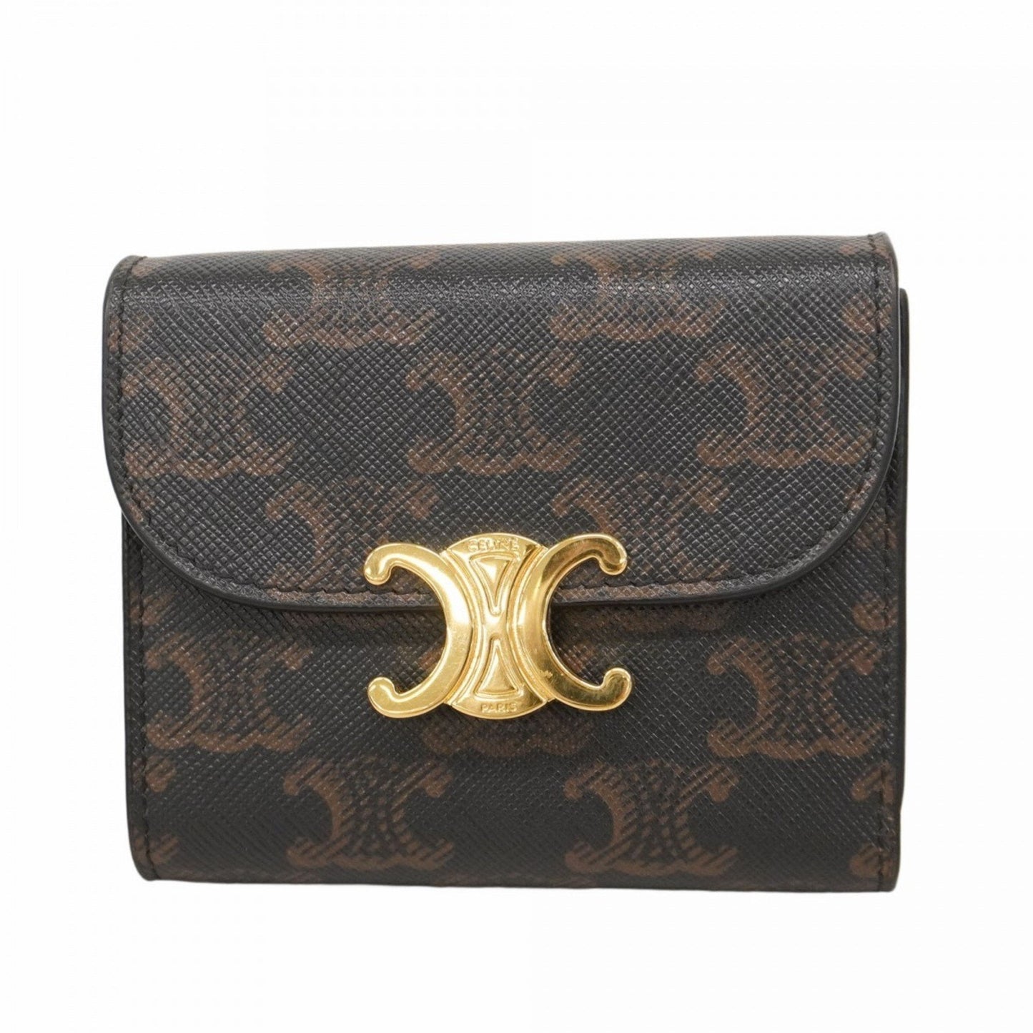 Celine Triomphe Tri-fold Wallet Black Brown Women's