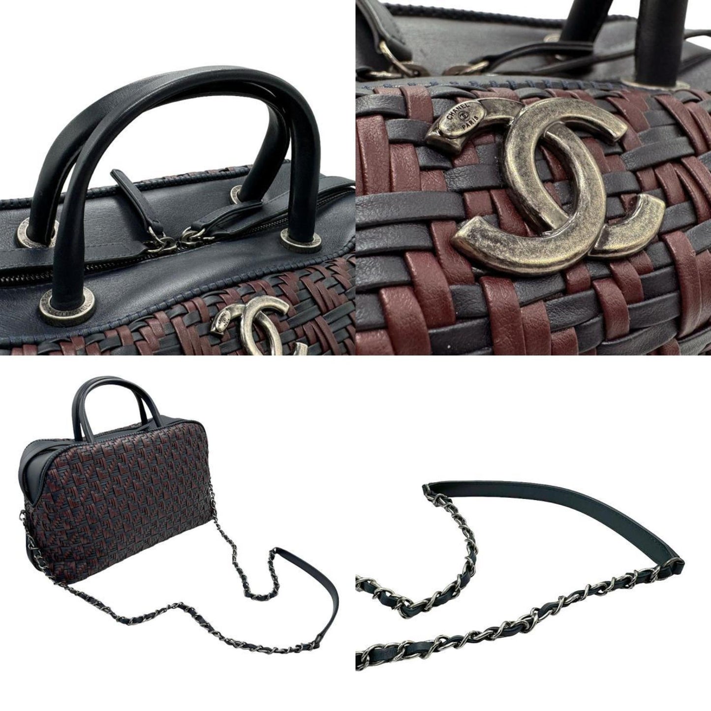 Chanel Bordeaux Navy Leather Handbag Shoulder Bag ()