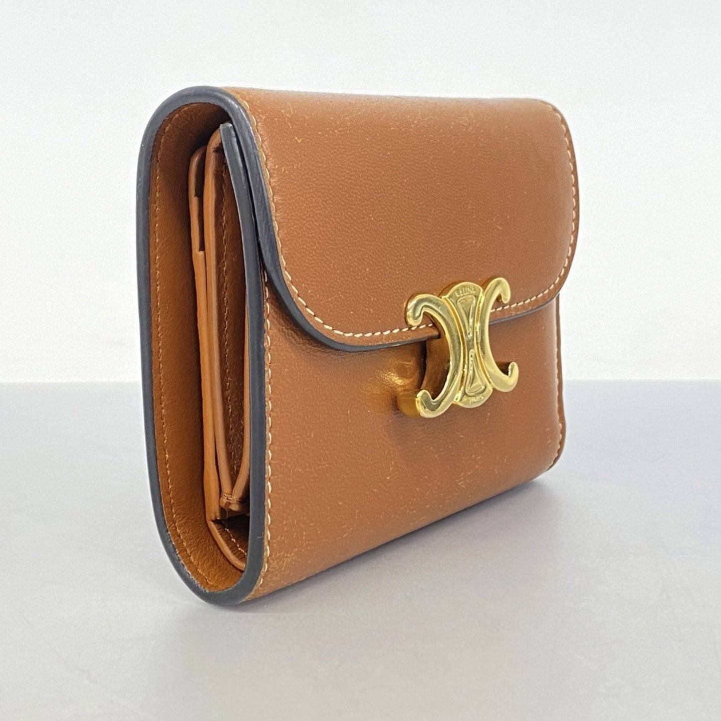 Celine Triomphe Leather Tri-fold Wallet, Tan, Women's