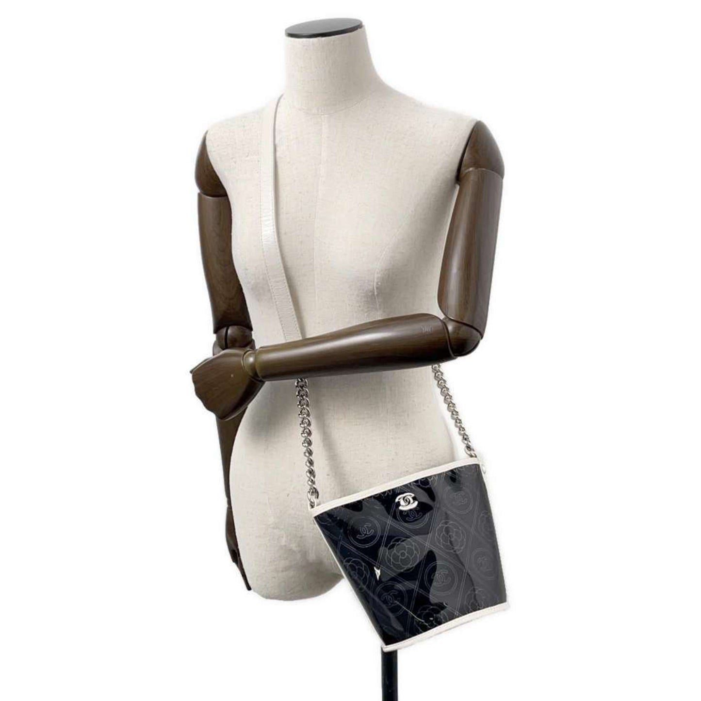 Chanel Camellia Black White Vinyl Leather Pouch Shoulder Bag ()