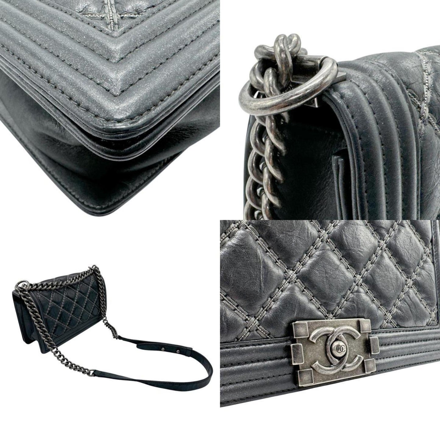 Chanel Black Silver Leather Metal Shoulder Bag ()