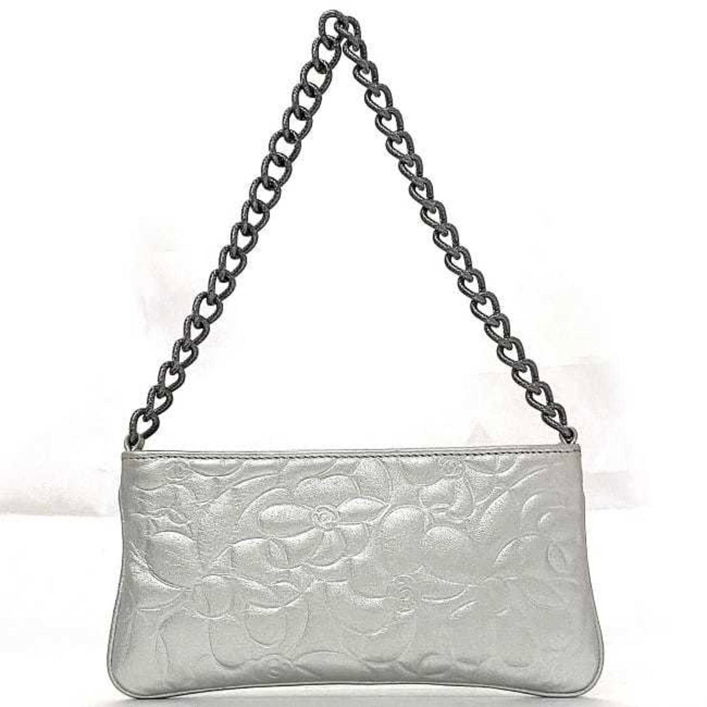 Chanel Camellia Silver Leather Metal Pouch ()
