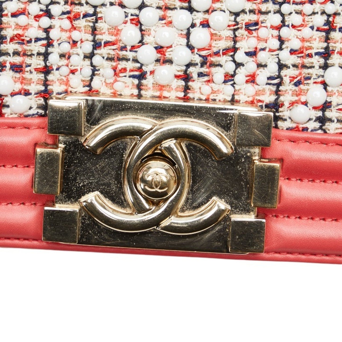 Chanel Boy Chanel Multi-Color Pink White Tweed Leather Shoulder Bag ()