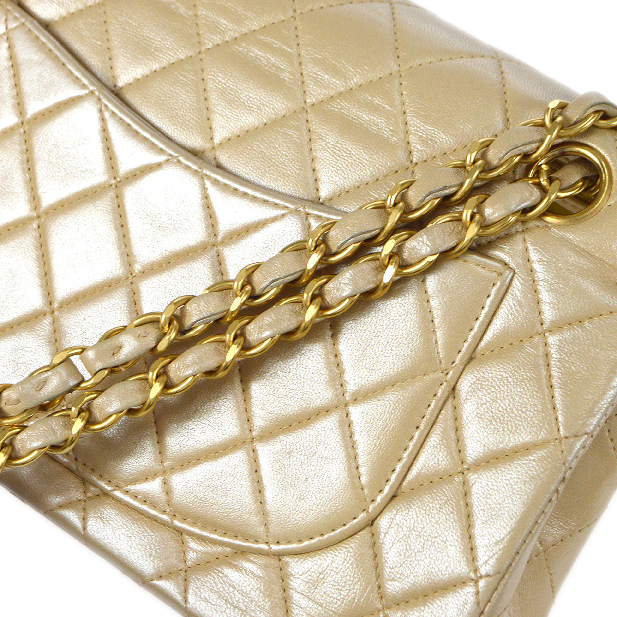 CHANEL 2000-2001 Classic Double Flap Medium Metallic Beige Lambskin