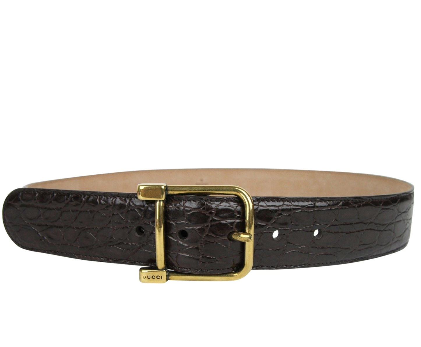 Gucci Women's Gold Square Buckle Dark Brown Crocodile Belt (105 / 42)