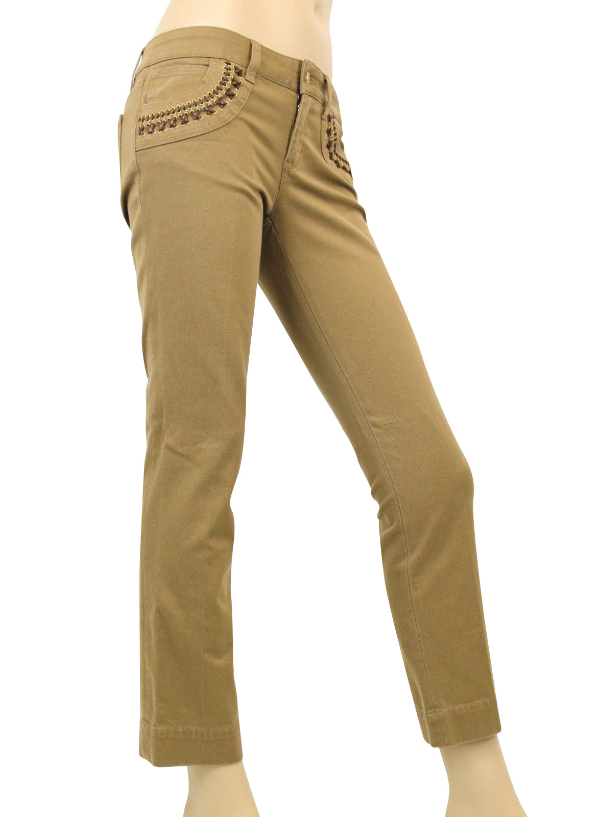Gucci Women's Leather Laces Brown Cotton Elastane Capri Jeans Pants