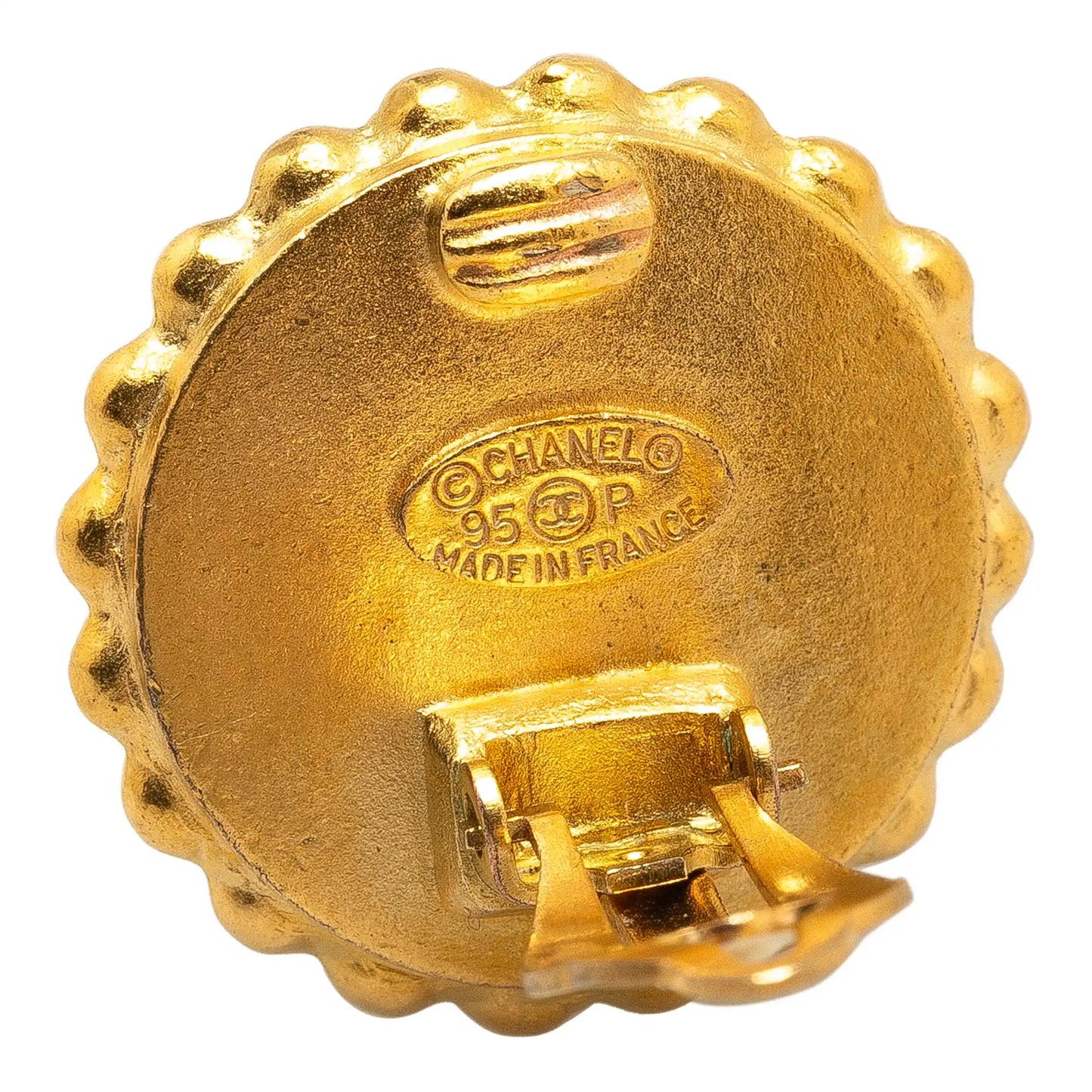 Gold Chanel Gold Plated Acrylic CC Button Clip On Earrings