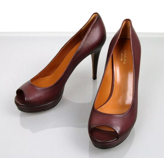 New  GUCCI Betty Open-Toe Platform Pump SHOES Plum 8.5