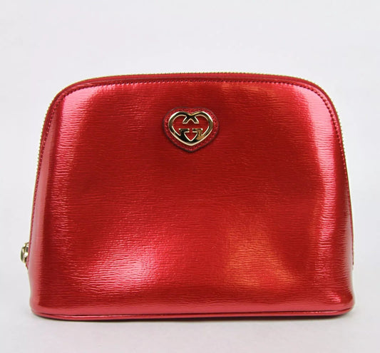 New Gucci Women's Red Shiny Leather Cosmetic Case w/Interlocking G
