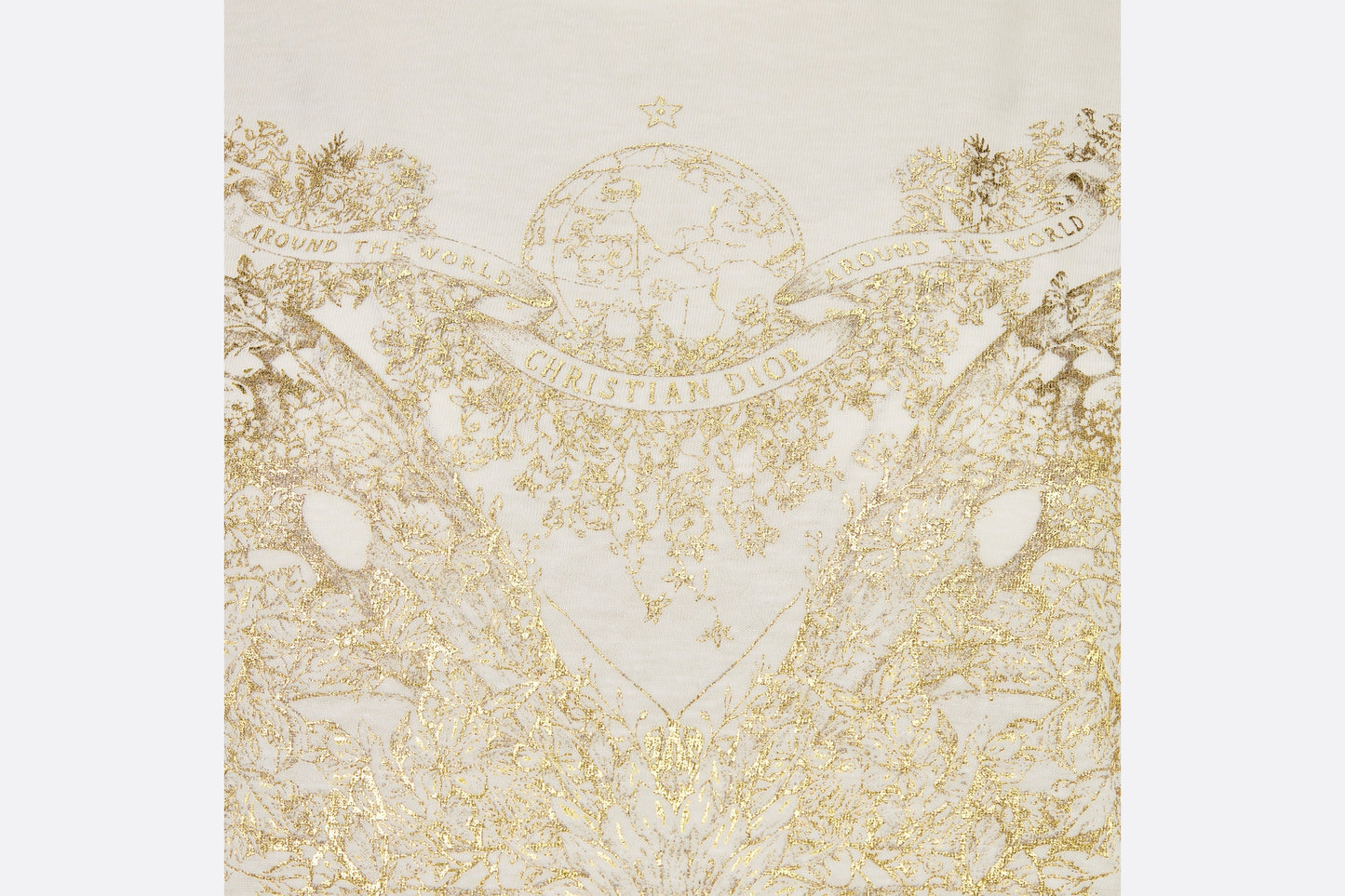 T-Shirt • White Cotton Jersey with Gold-Tone Butterfly Around the World Motif