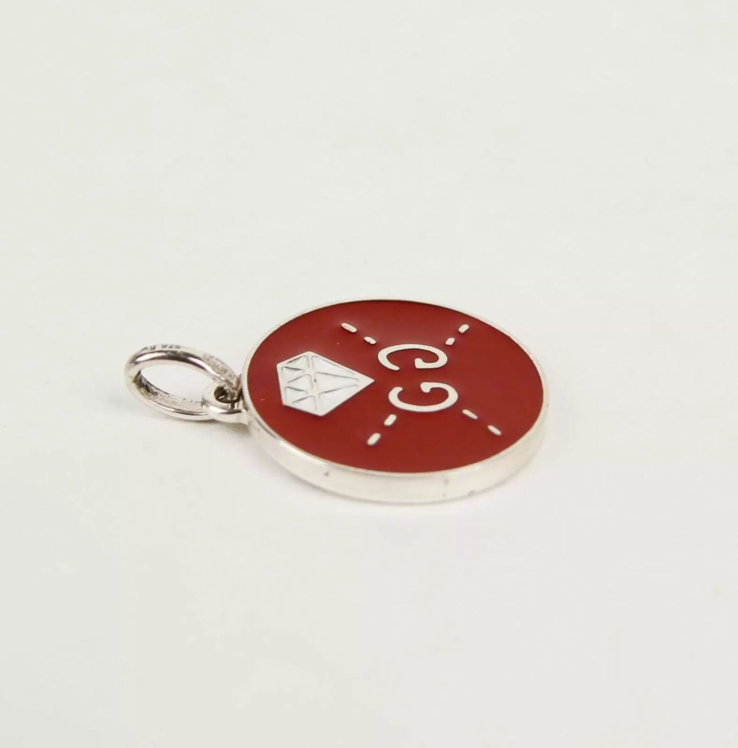 Gucci Red Enamel Round Silver Pendant Charm w/Diamond Motif